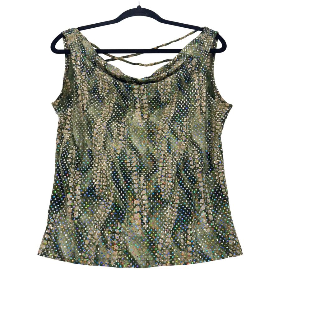 Vintage Y2K Sequin Tank Top 2XL Green Sparkle Party Made in USA fastival 90s